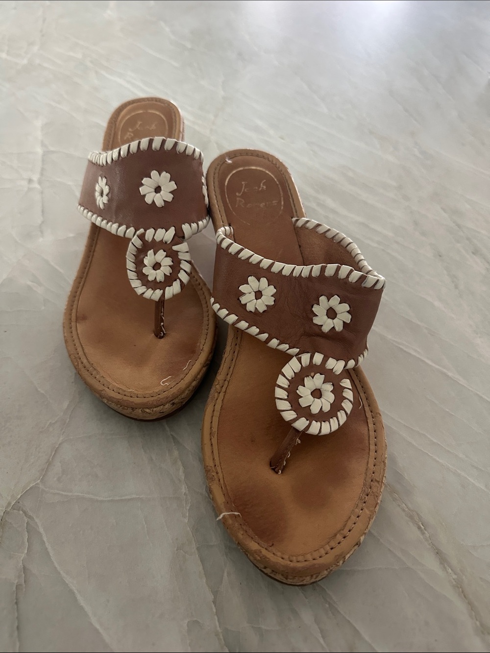 Jack Rogers Brown Leather Floral Thong Sandals - Women's Slip-On